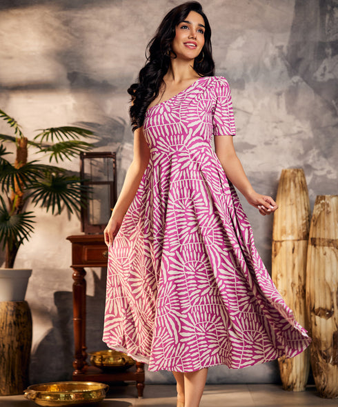 One Shoulder Printed Purple Dress